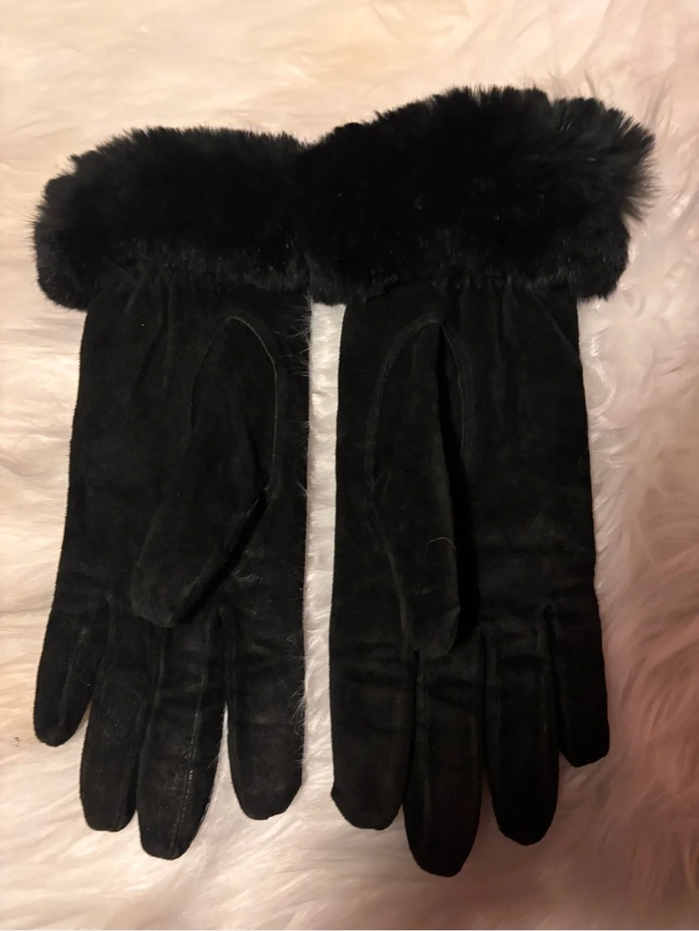 Ralph Lauren Black Suede Gloves with Dyed Rabbit Fur Cuff